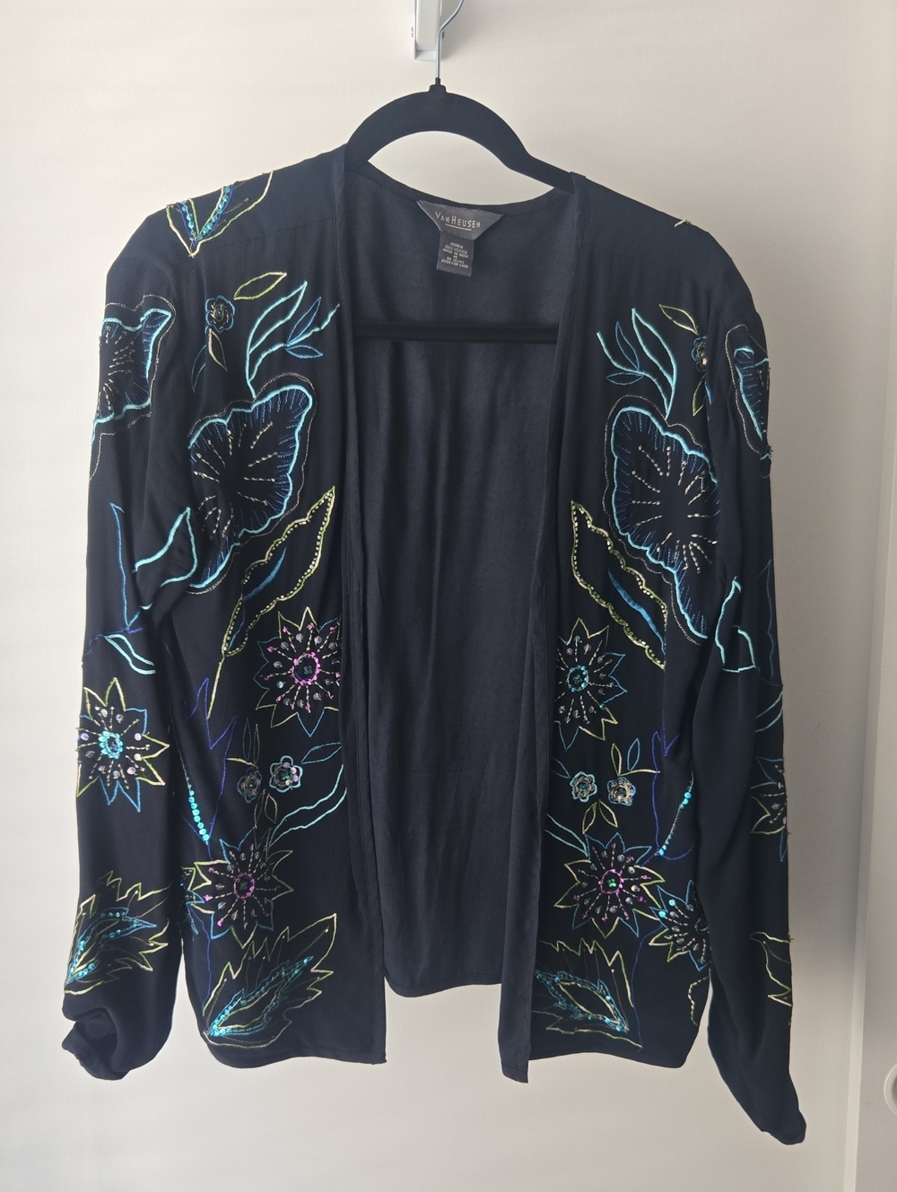 Beautiful Black Silk-Like Jacket with Colorful Embroidery Size Medium